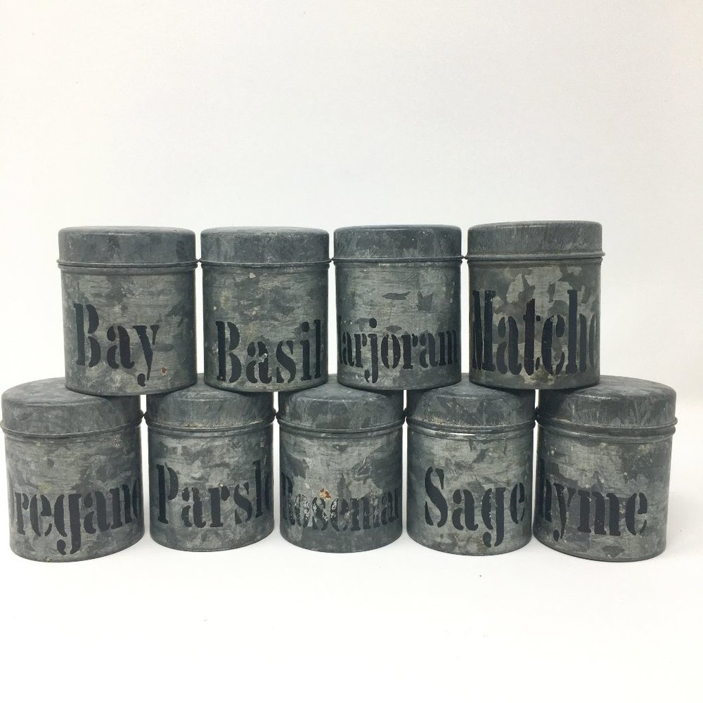Vandor Imports Vintage Set of Nine Galvanized Metal Labeled Lidded Herb Tins